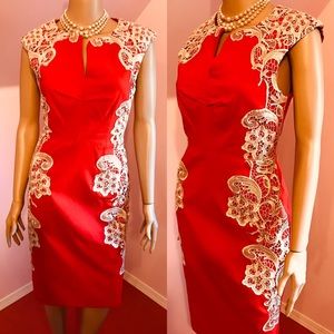 Red 50s Style Wiggle Dress with Lace Appliqué S/M